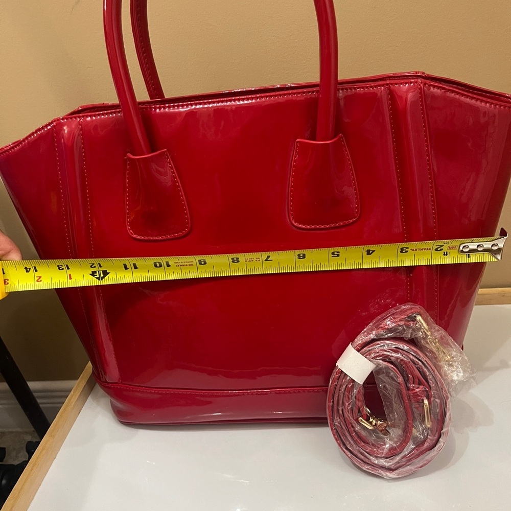 Jeanne Lottie Red Patent Tote Bag Glossy Handbag Top Handle Structured Satchel - Picture 3 of 9